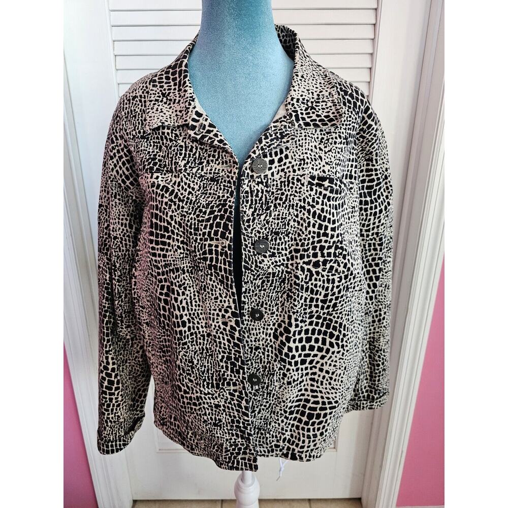 Vintage Chicos Design Denim Jacket Black‎ White Alligator Shoulder Pads 3 XL 16